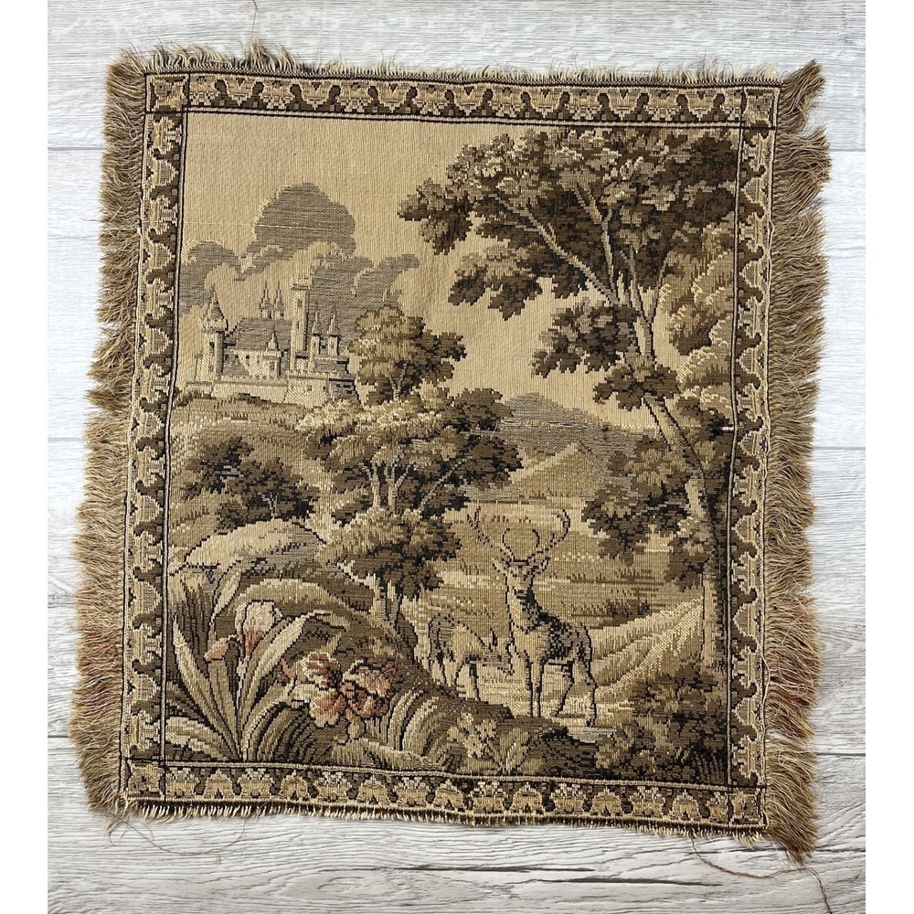 Vintage Wall Hanging Tapestry Deer Castle Wood Country Side Scene - Picture 10 of 10